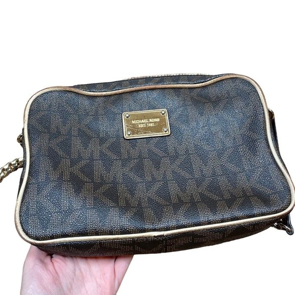 Michael Kors Brown Logo Saffiano Leather Gold Chain Jet‎ Set Small Crossbody - Picture 2 of 10